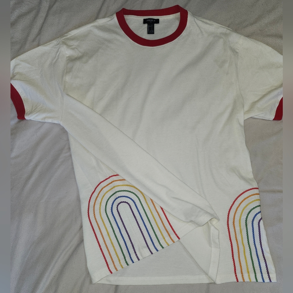 Forever 21 Men's Rainbow Side Stitch Off White T-shirt L